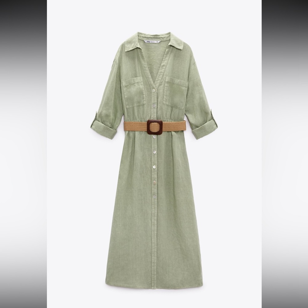 Zara limited edition pure linen buttoned belted midi dress